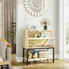 Hamster Cage On Wheels W Storage Shelf, Seesaws, Water Bottle, Hut & Ramps, For Dwarf, Gerbil, Syrian Hamster, Mouse - Natural Wood - View 1