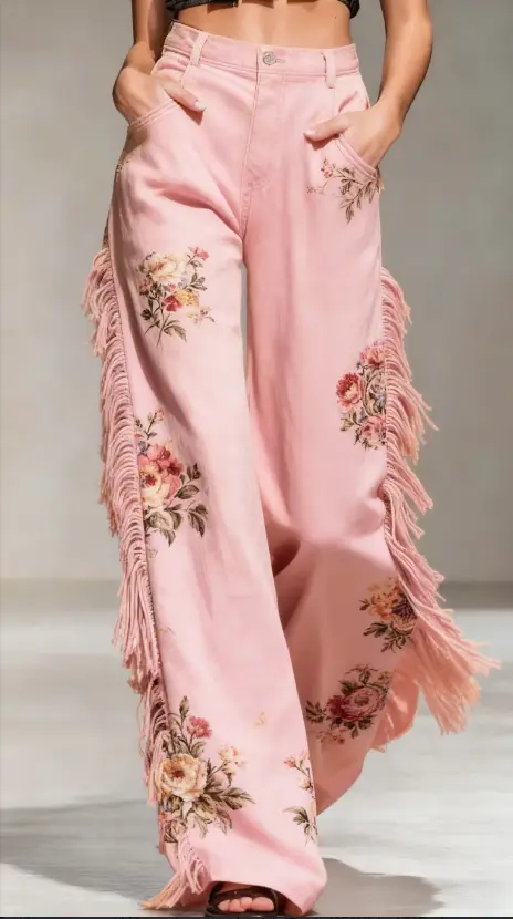 Retro Floral Print Fringed Wide-Leg Pants