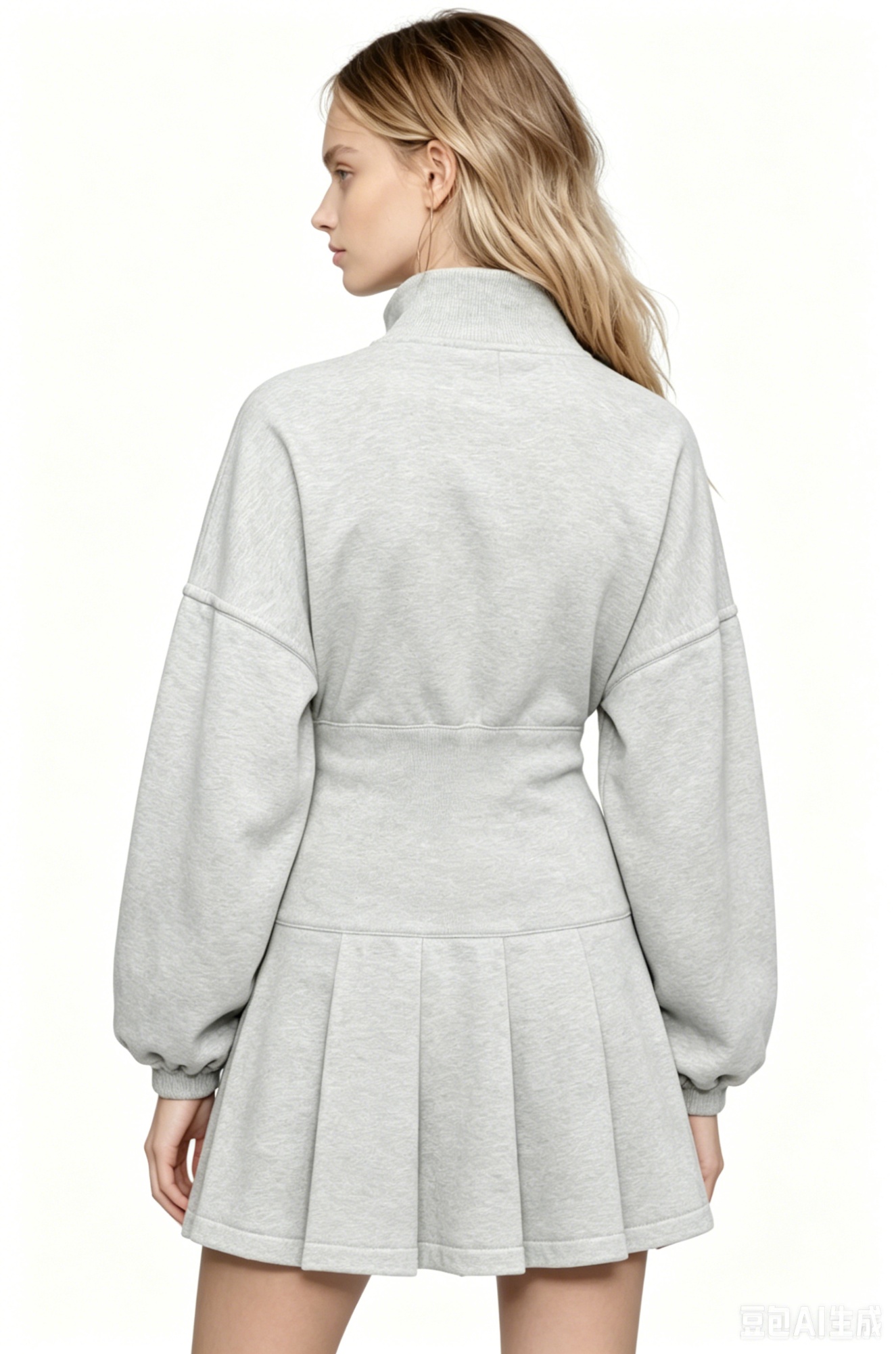 Gray Half-zip Waist-cinching Pleated Hoodie Dress