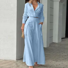 Women's Plus Size Elegant Pant Set - Crisscross Detail Top & Wide Leg Pants With Pockets Office & Casual Outfit - Sky Blue - View 1