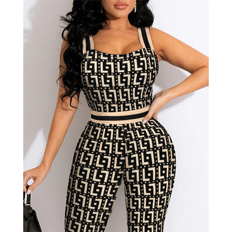 Printed Check Striped Waist Sling Bodysuit