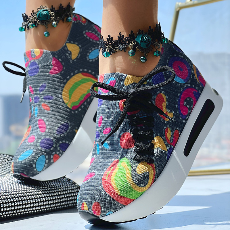 Women's Random Print Side Lace-Up Elastic Sport Shoes, Comfortable Slip-On Sneakers For Women, Casual Daily Wear Footwear — foto 12