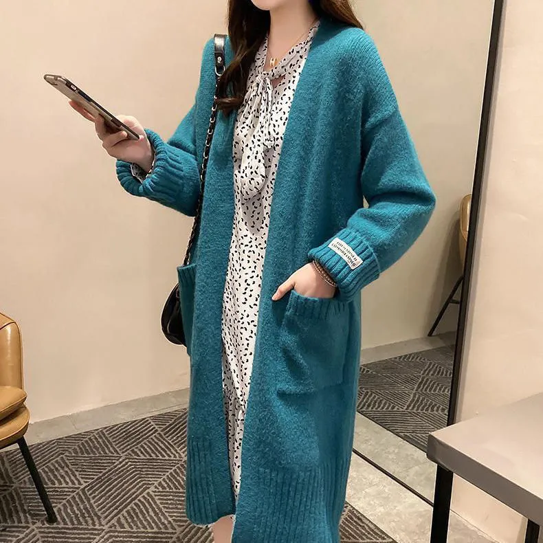 Autumn And Winter Jacket Mid-length Women's Outer V-neck Knitted Cardigan Sweater - Lake Blue
