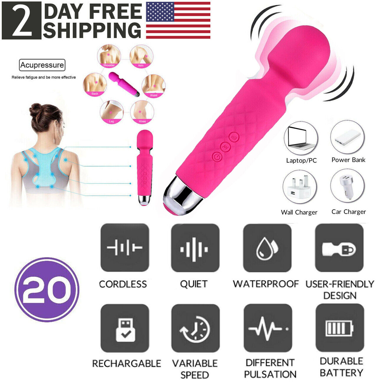 20 Speed Handheld Massager Wand Vibrating Massage Magic Full Body Therapy Motor