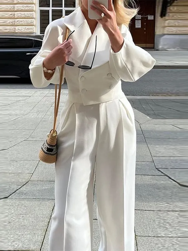 Solid Color Lapel Short Jacket & High Waist Pants Suit White Suit - Shop at LoveMi