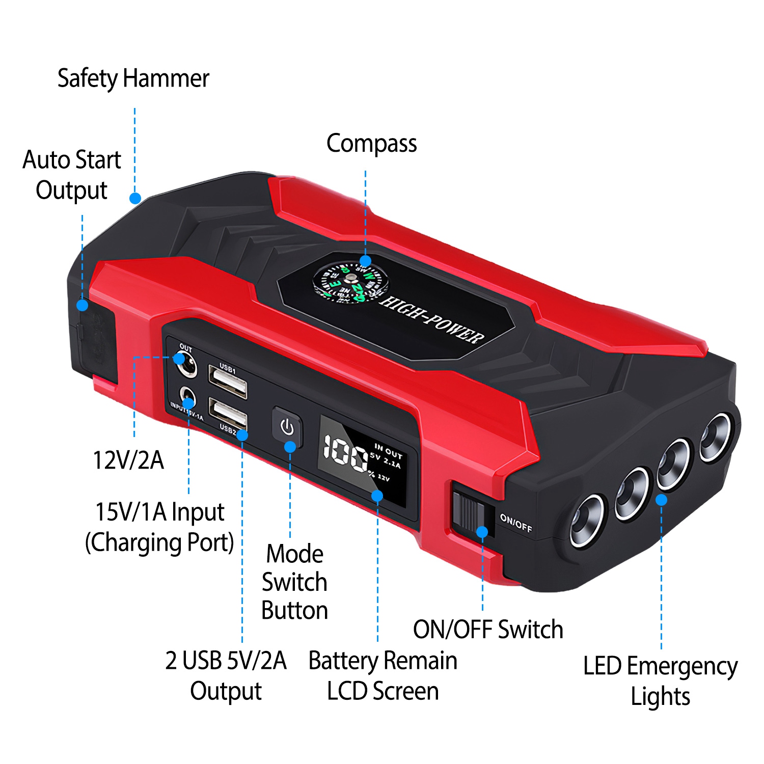 Car Jump Starter Booster 800A Peak 28000mAh 12V Battery Charger Up To 6.0L Gas Or 3.0L Diesel Engine With LCD Screen 4 Modes LED Flashlight — foto 14