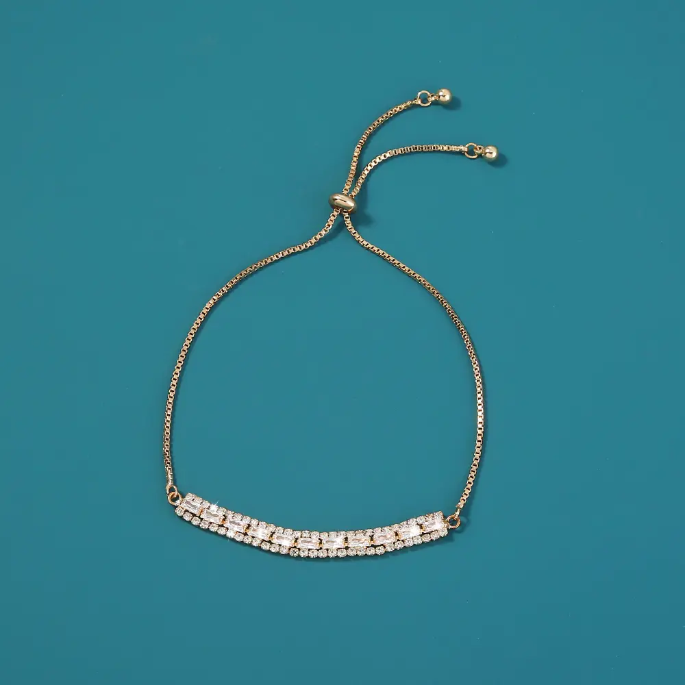Brass Gold Plated Long Micropaved Zircon Pendant Shrink Pulled Brass Bead Bracelet