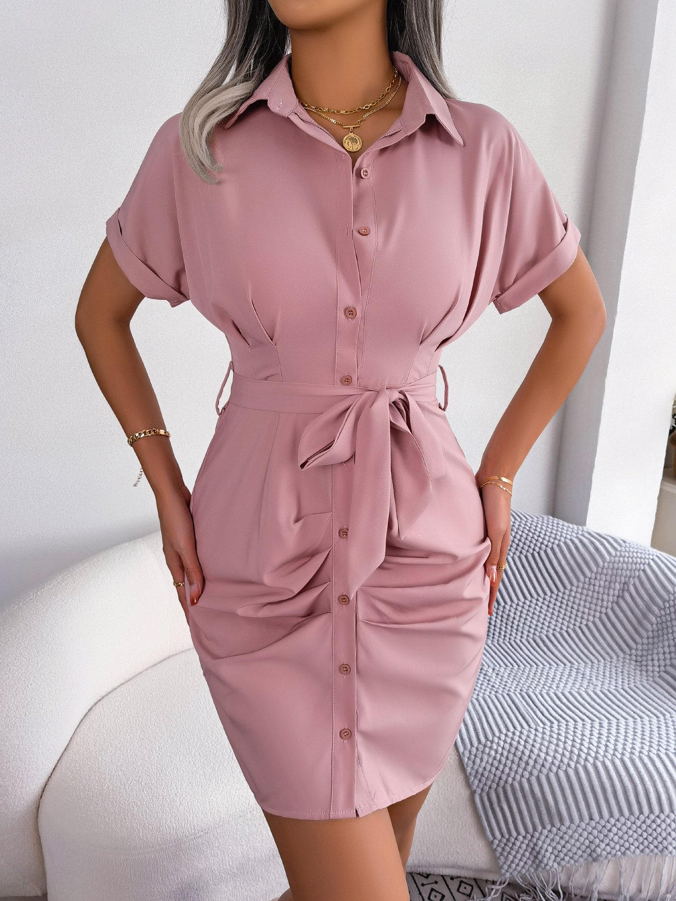 Women   Casual Solid Color Batwing Sleeve Tie Waist Crinkled Shirt Dress