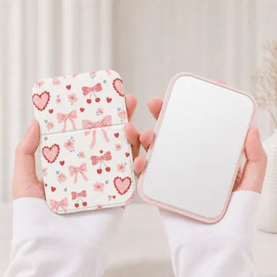 Sweet Gingham Bow Print Folding Compact Mirror PU Leather Stand Up Pocket Makeup Mirror, Portable Travel Cosmetic Mirror For Girls Gift Wholesale Custom