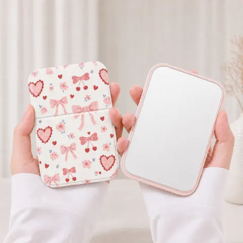 Sweet Gingham Bow Print Folding Compact Mirror PU Leather