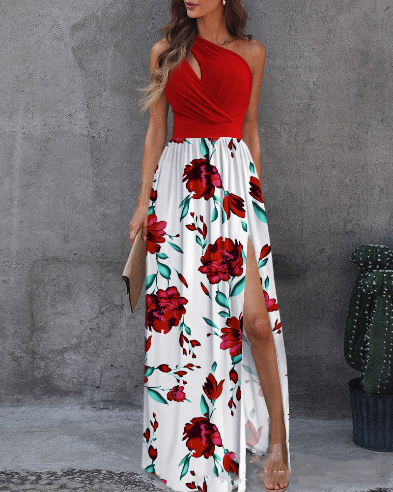 Sexy Solid Color One-shoulder Hollow Halter Neck High-waist Split Long Dress - Image 14