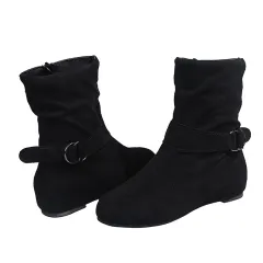 European Station Plus Size Suede Flat Belt Buckle Women's Ankle Boots - Black - View 1