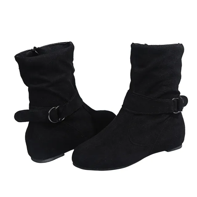 European Station Plus Size Suede Flat Belt Buckle Women's Ankle Boots Black - Shop at LoveMi