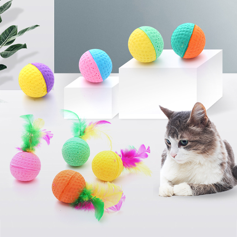 Pet Cat Toy Ball Latex Color Foam Band Feather Interaction