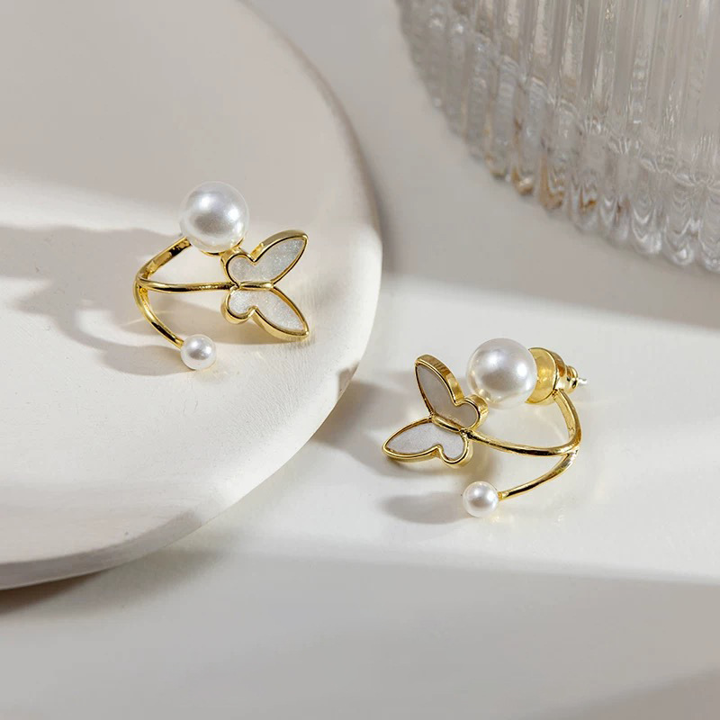 Title 2, S925 Silver Needle Butterfly Pearl Earrings