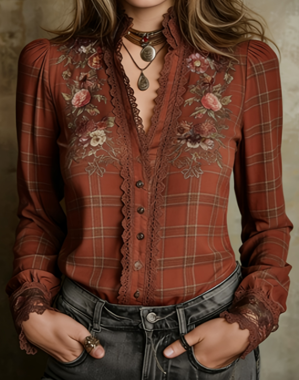 Women's Retro Gothic Style Lace V-Neck Long Sleeve Shirt