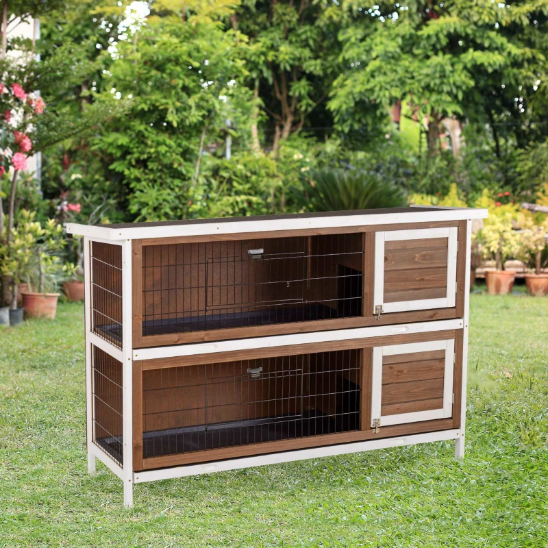 PawHut Wooden Rabbit Hutch Dividers Asphalt Roof For Small Animals & Outdoors, Brown