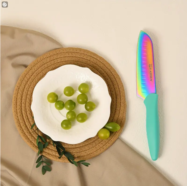 14-Piece Rainbow Colored High Carbon Stainless Steel Kitchen Knife Set, Titanium Coated Blade, Rust-Free & Super Sharp, Flatware Set With Wooden Stand & Kitchen Scissors, For Family & Restaurateurs 3