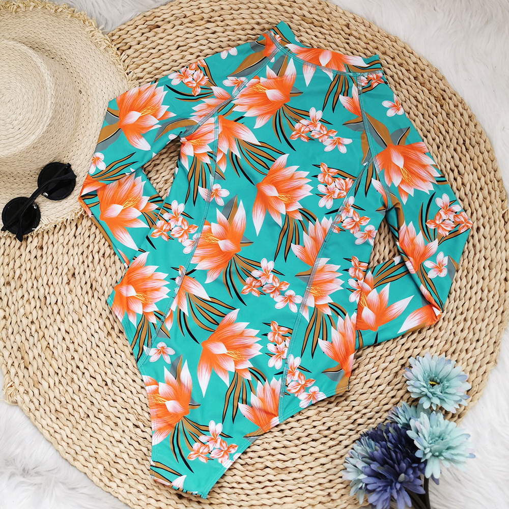 Women's Zipper High Waist Print Long Sleeve Triangle One-piece Swimsuit