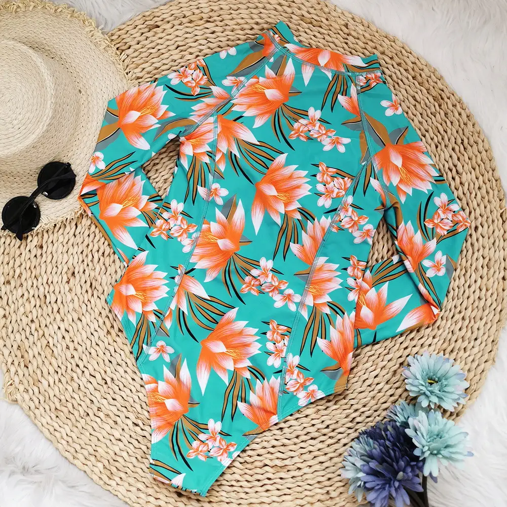 Women's Zipper High Waist Print Long Sleeve Triangle One-piece Swimsuit