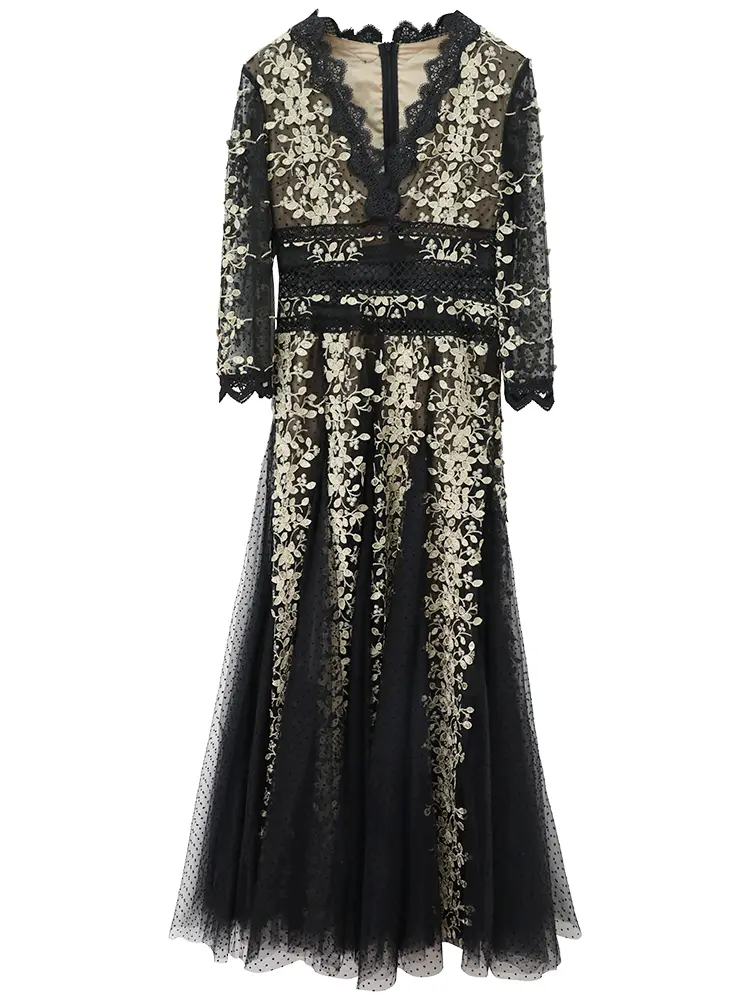 New Female Hepburn Style High-end Mesh Embroidered Dress