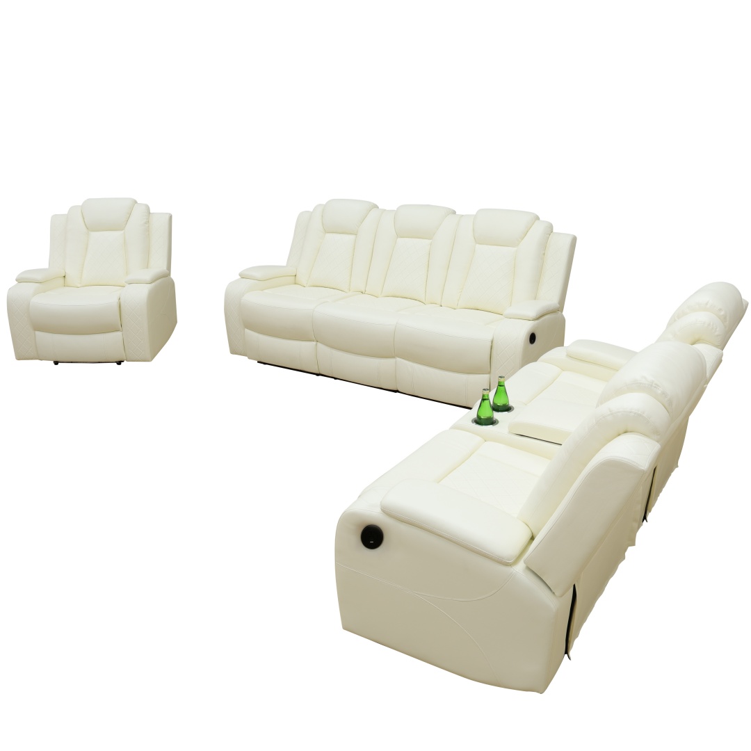 Pickup Only--White Breathing Leather 3-Piece Living Room Recliner Sofa Set