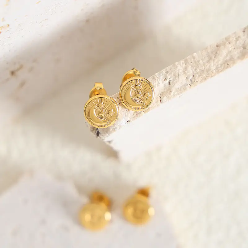 Titanium Steel Gold-plated Relief Star And Moon Stud Earring