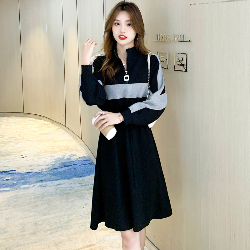 New Waist Slim Temperament Knitted Stitching Contrast Color Dress