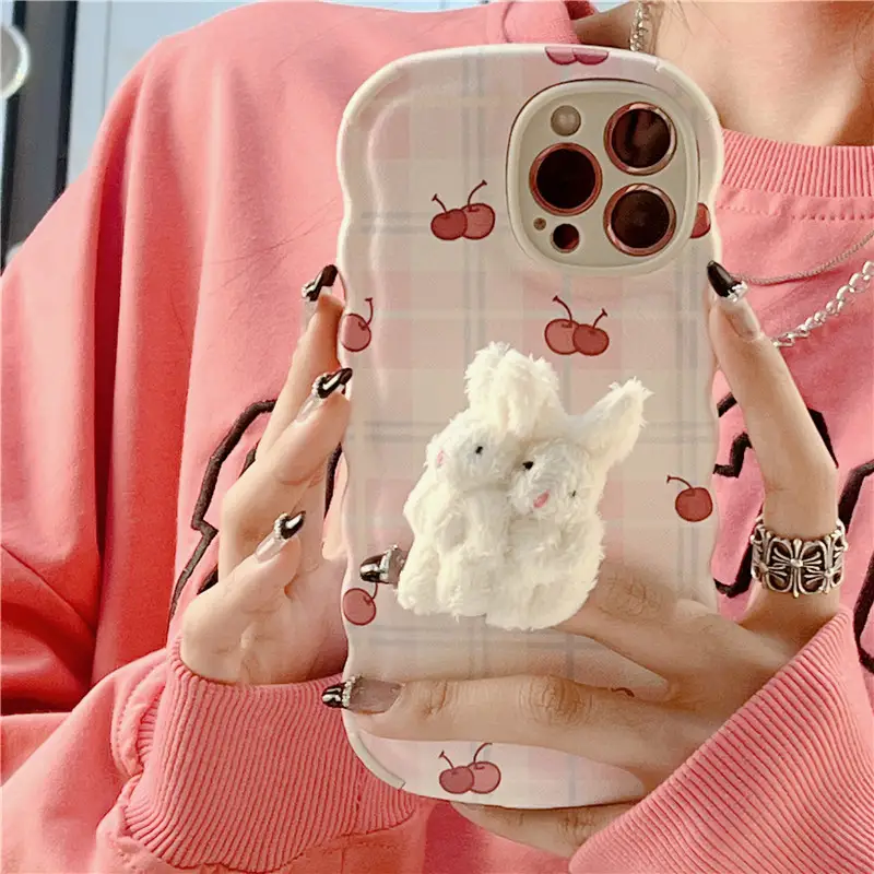 Plaid Cherry Plush Rabbit Holder Phone Case