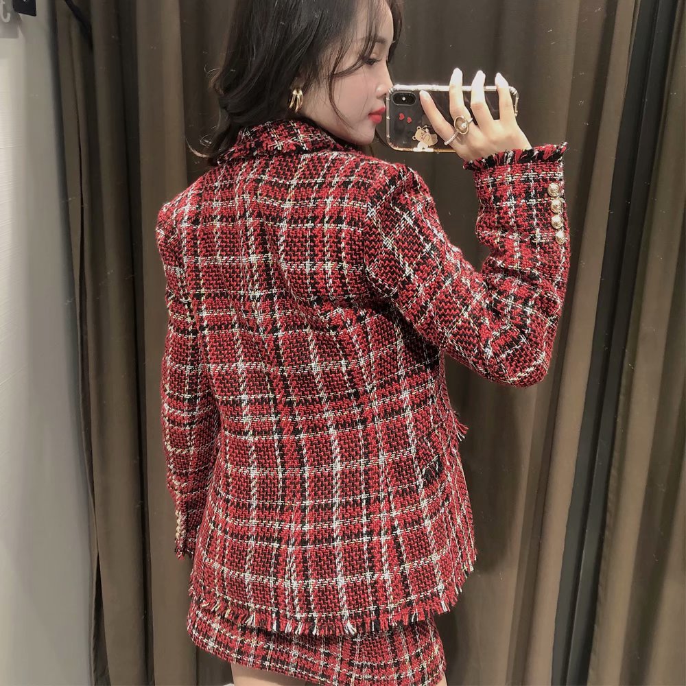 Small Fragrant Tweed Plaid Suit Jacket