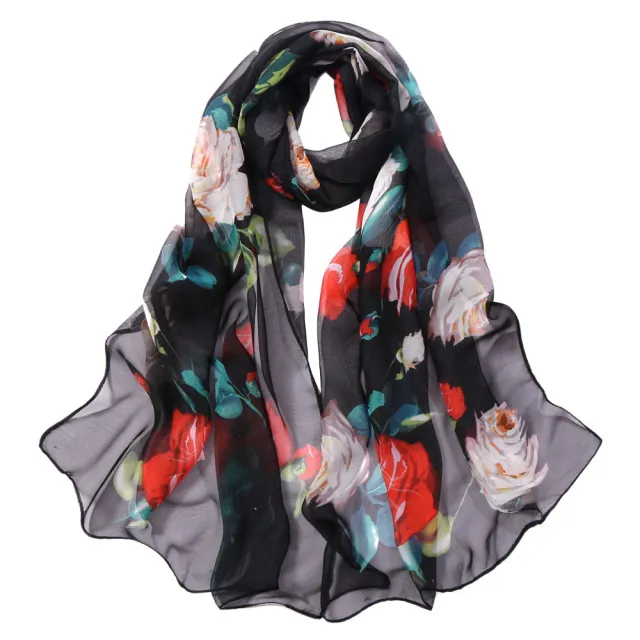 Women's Rose Pattern Sunscreen Silk Scarf Black - Shop at LoveMi