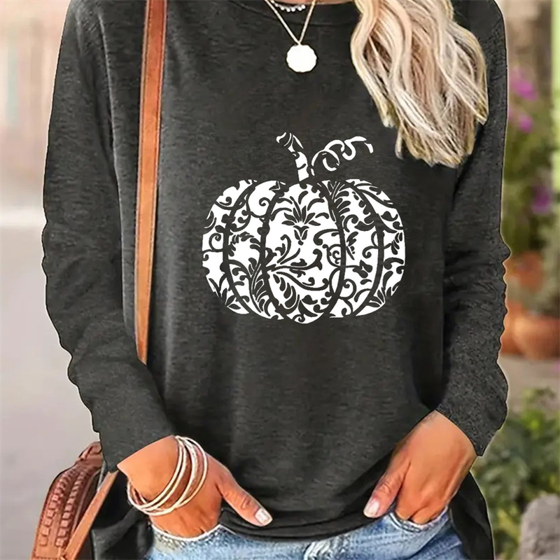 Spring And Autumn Women Casual Simple Pattern Printed Round Neck Long Sleeve T-shirt