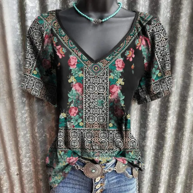 Women's Bohemian Print V Neck Casual Short Sleeve T Shirt 4Style - Shop at LoveMi