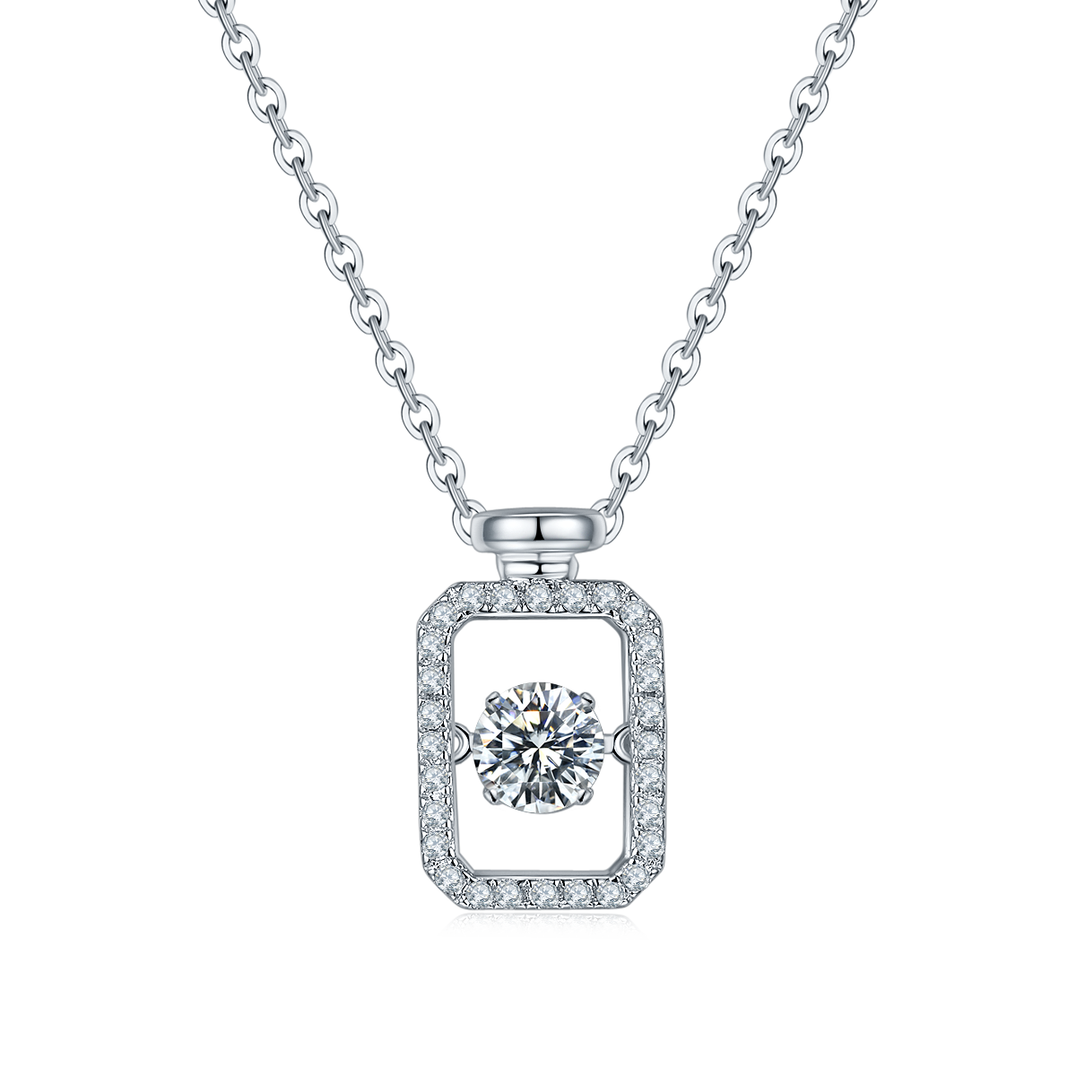 S925 Sterling Silver 0.5ct Rectangle Moissanite Necklace 45cm Platinum Plated Pave Border GRA Certified Gift Box
