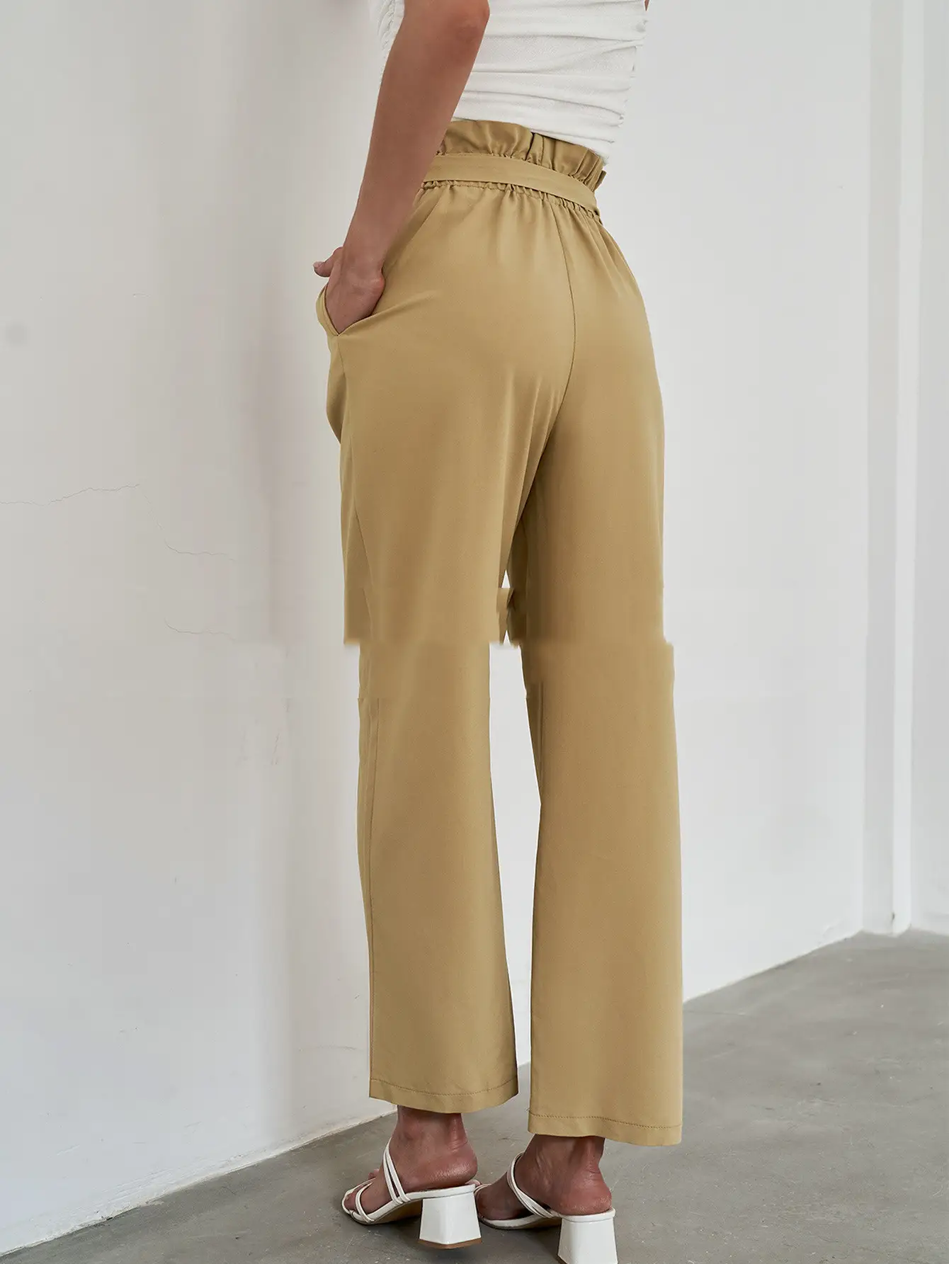 High Waist Straight Tube Trousers Cotton Beltless Brown