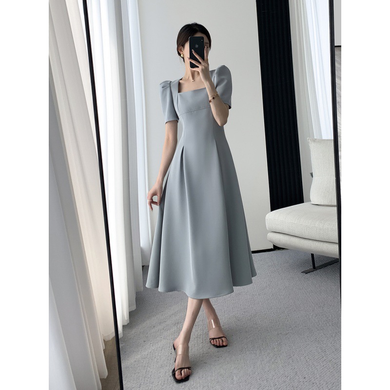 Square-neck Cinched Slimming Puff Sleeve Dress