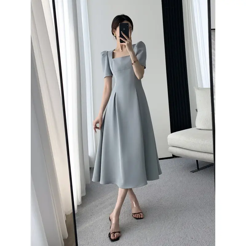 Square-neck Cinched Slimming Puff Sleeve Dress