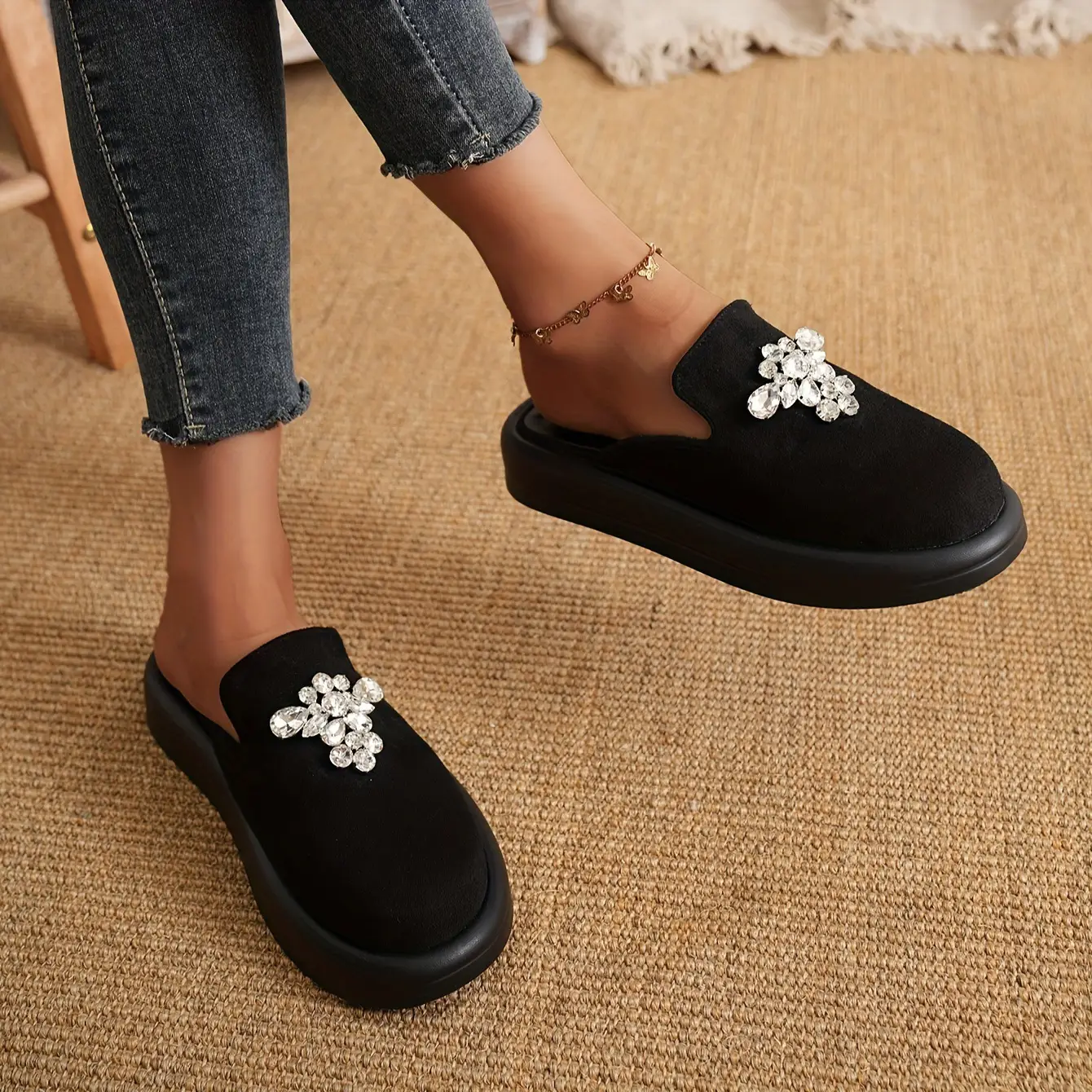 Rhinestone Embellished Suede Slides with Thick Sole for Women