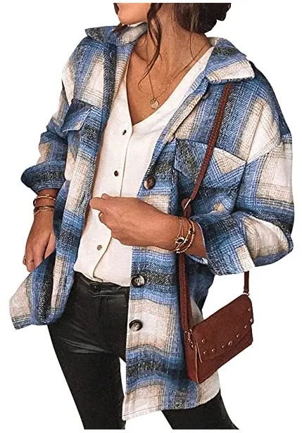 Autumn New Mid Length Loose Plaid Jacket Blue - Shop at LoveMi