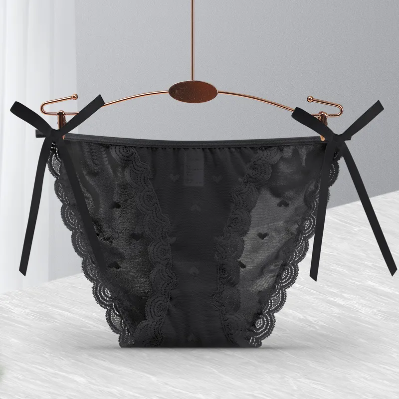 Ladies Fashion Lace Heart Thong Briefs - Black