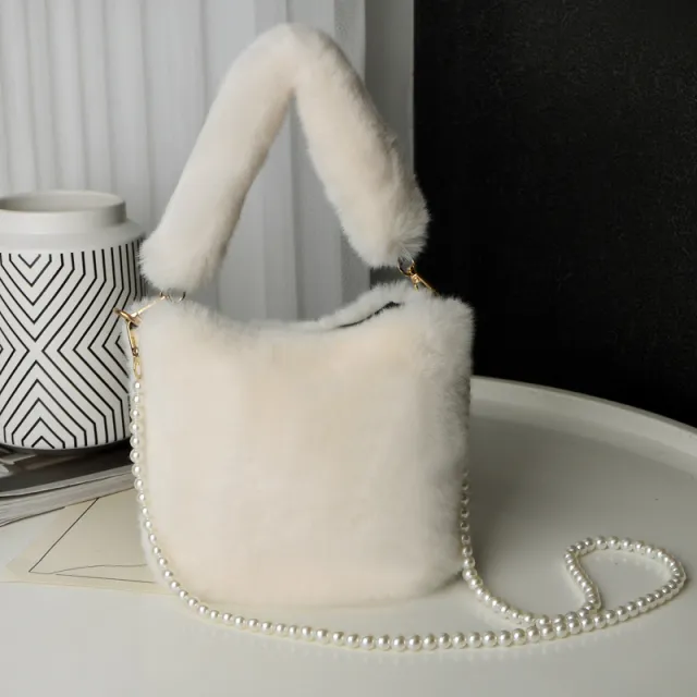 Checkerboard Plush Bucket Bag With Pearl Chain Design Winter Fashion Luxury Handbags For Women Personalized Shopping Shoulder Bags Beige - Shop at LoveMi