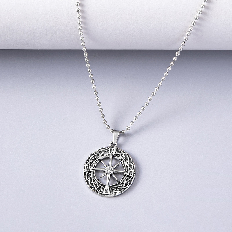 Vintage Antique Silver Plated Hollow Compass Pendant Viking Necklaces