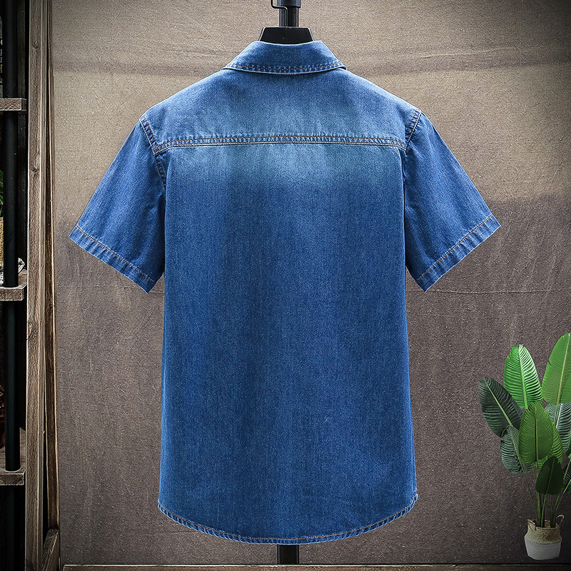 Fashion Denim Short-sleeved Shirt Trendy Youth Slim Men's Top