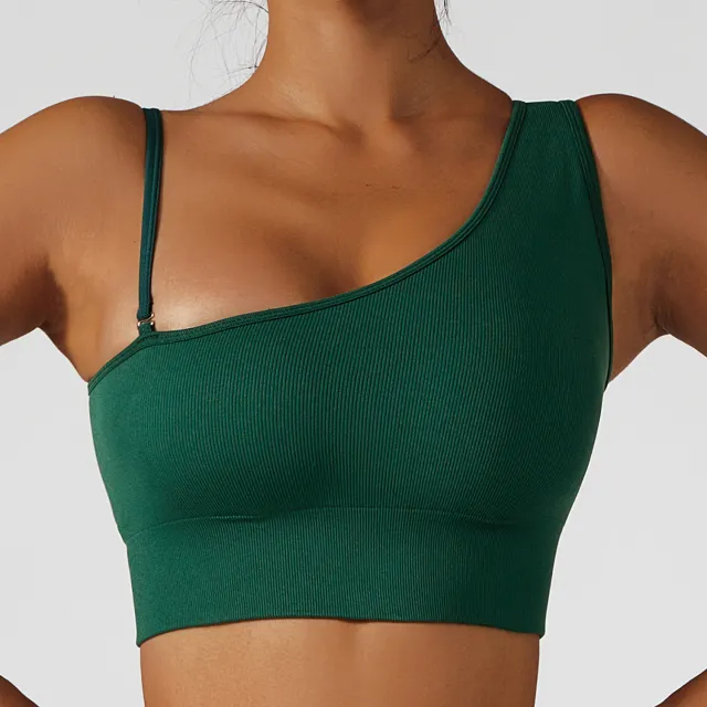 Sexy Sloping Shoulder Yoga Clothes Top With Irregular Movement Dark Night Green - Shop at LoveMi