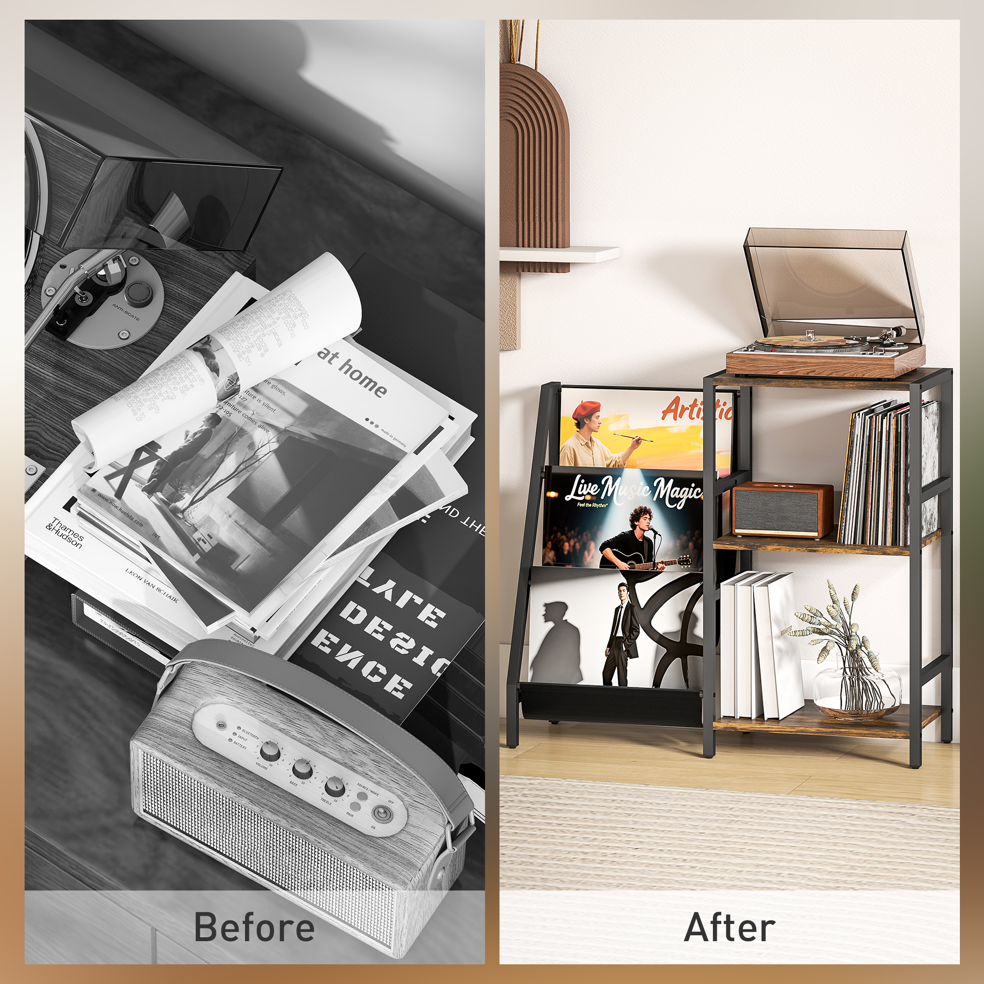 Three Layer Record Rack. The Table Next To Living Room. Bedroom -vintage Brown — image 10