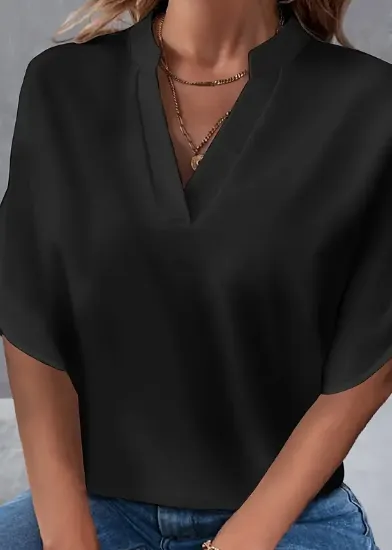 Lightweight Solid Color Notch Neck Blouse Stylish Short Split Sleeves For Spring & Summer Trendy Womens Casual Top Black - Shop at LoveMi