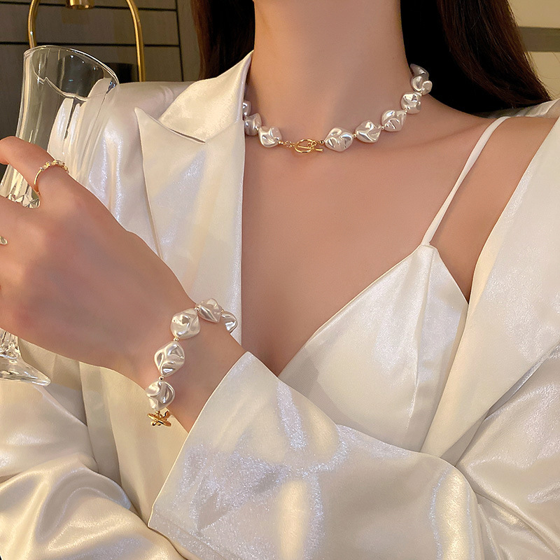 Irregular Pearl Necklace & Bracelet Set Baroque Style Pearl Jewelry French Elegant Beaded Necklace Fashion Pearl Gift For Women