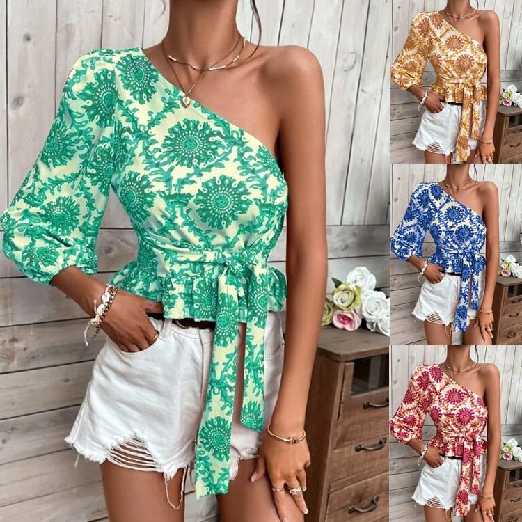 Women's Summer Mandala Print One Shoulder Balloon Sleeve Shirt