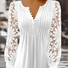 Spring Lace Long-sleeved V-neck Slim Short T-shirt Top - White - View 1