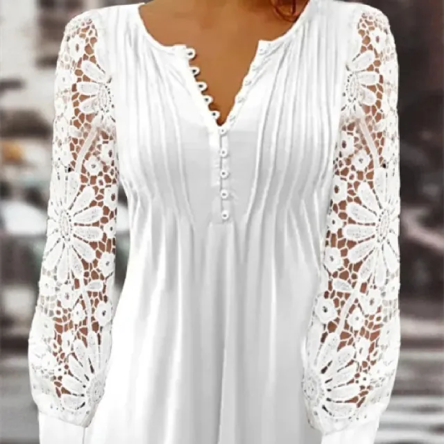 Spring Lace Long sleeved V neck Slim Short T shirt Top White - Shop at LoveMi